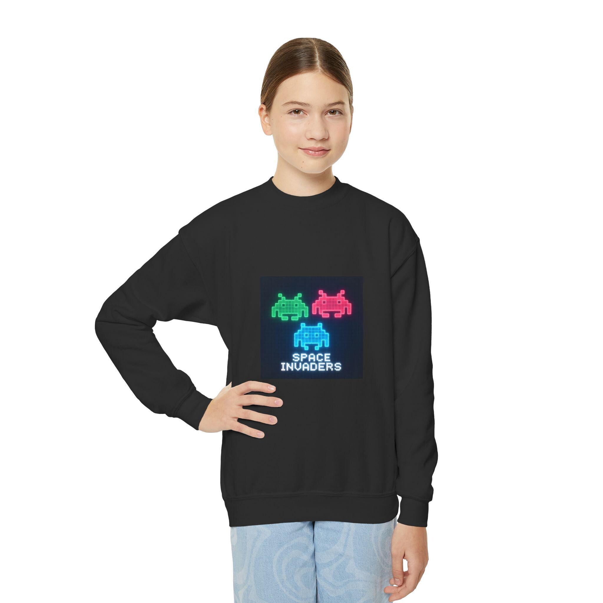 Vintage Space Invaders Youth Crewneck Sweatshirt, Retro Gamer Sweatshirt, Kids Gaming Apparel, Arcade Retro Gift, Cool Youth Clothing