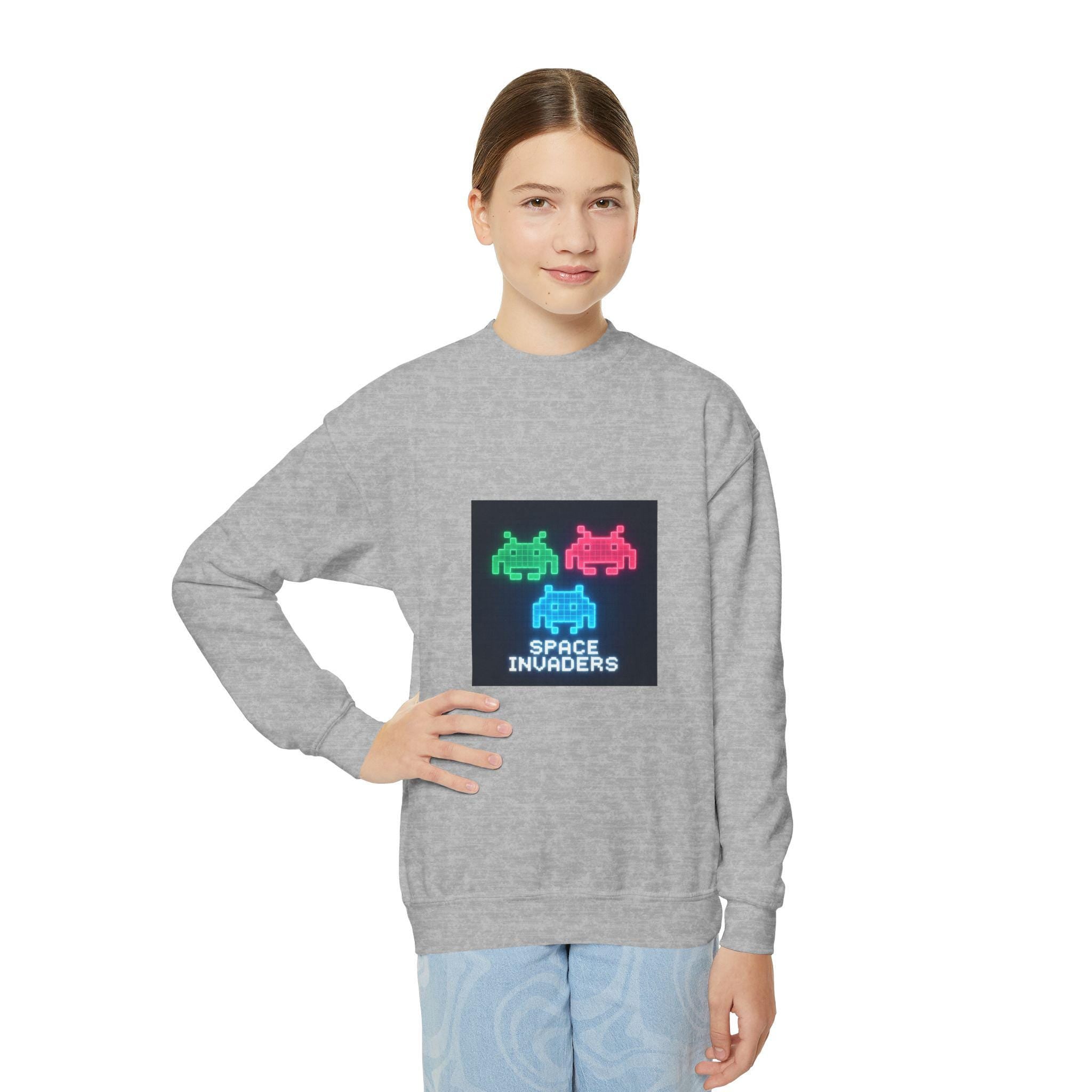 Vintage Space Invaders Youth Crewneck Sweatshirt, Retro Gamer Sweatshirt, Kids Gaming Apparel, Arcade Retro Gift, Cool Youth Clothing