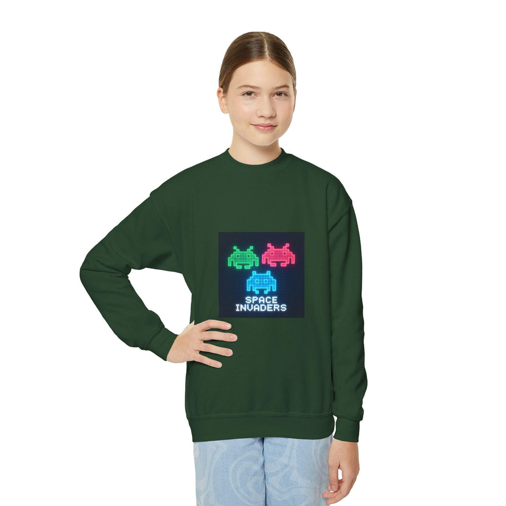 Vintage Space Invaders Youth Crewneck Sweatshirt, Retro Gamer Sweatshirt, Kids Gaming Apparel, Arcade Retro Gift, Cool Youth Clothing