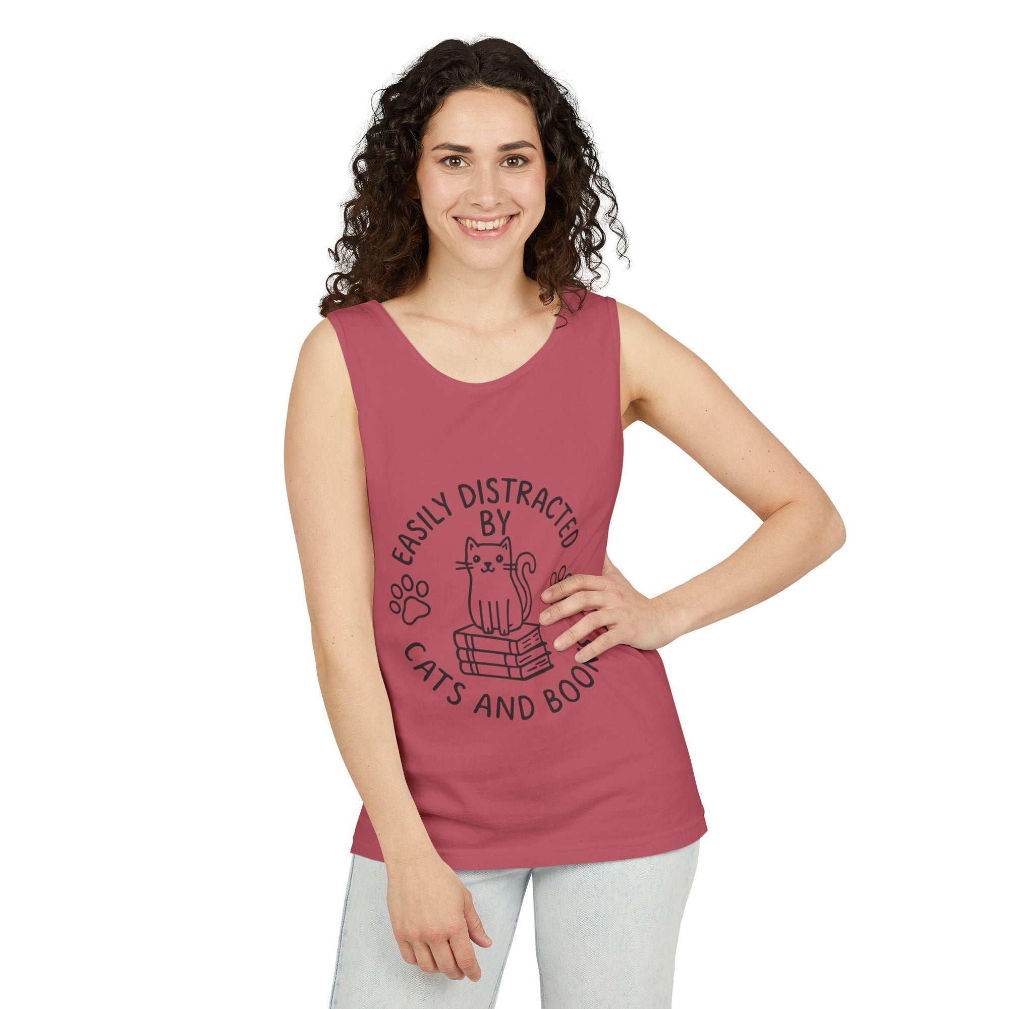 Easily Distracted by Cats and Books Tank Top, Cat Lover Gift, Bookish Apparel, Summer Outfit, Funny Graphic Tee