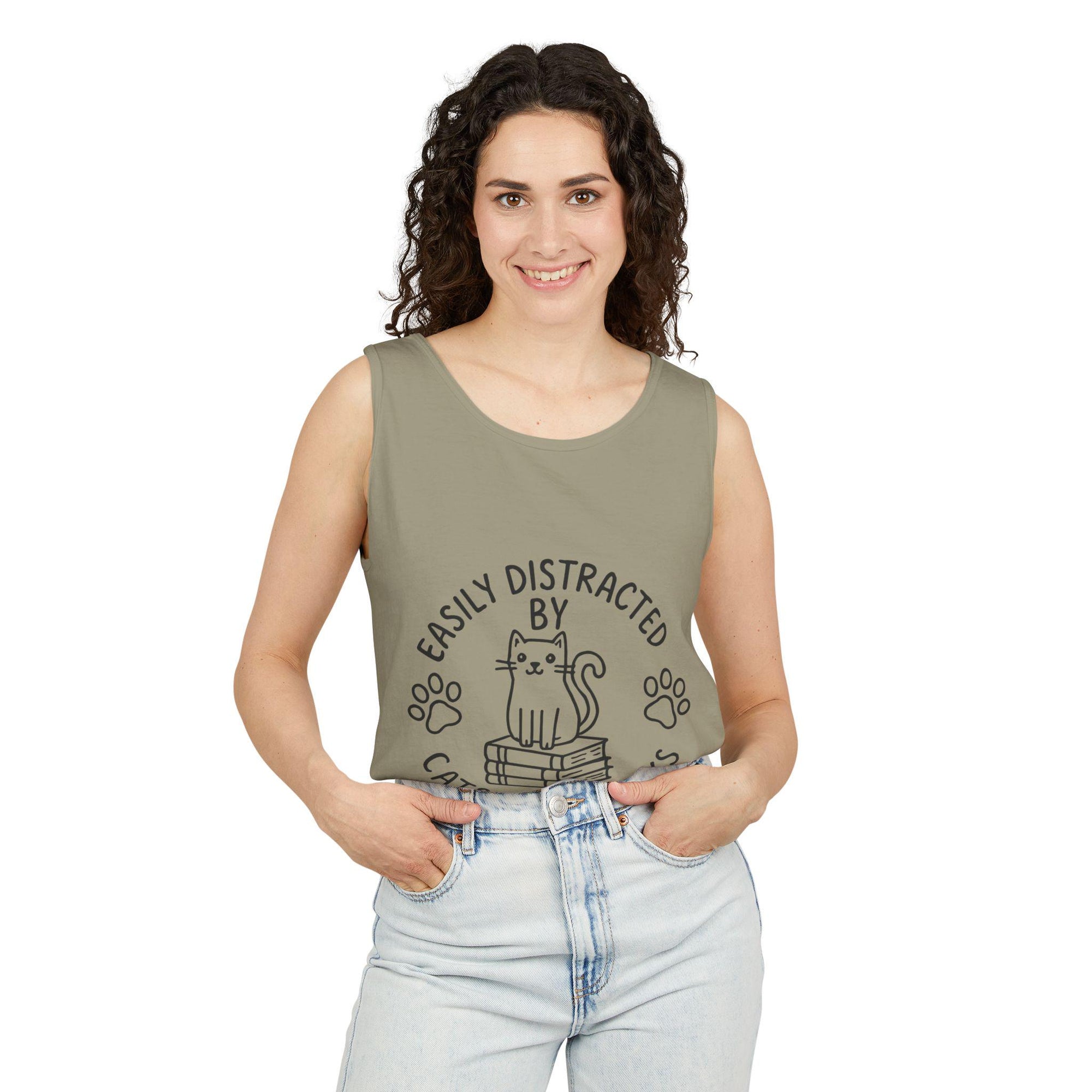 Easily Distracted by Cats and Books Tank Top, Cat Lover Gift, Bookish Apparel, Summer Outfit, Funny Graphic Tee
