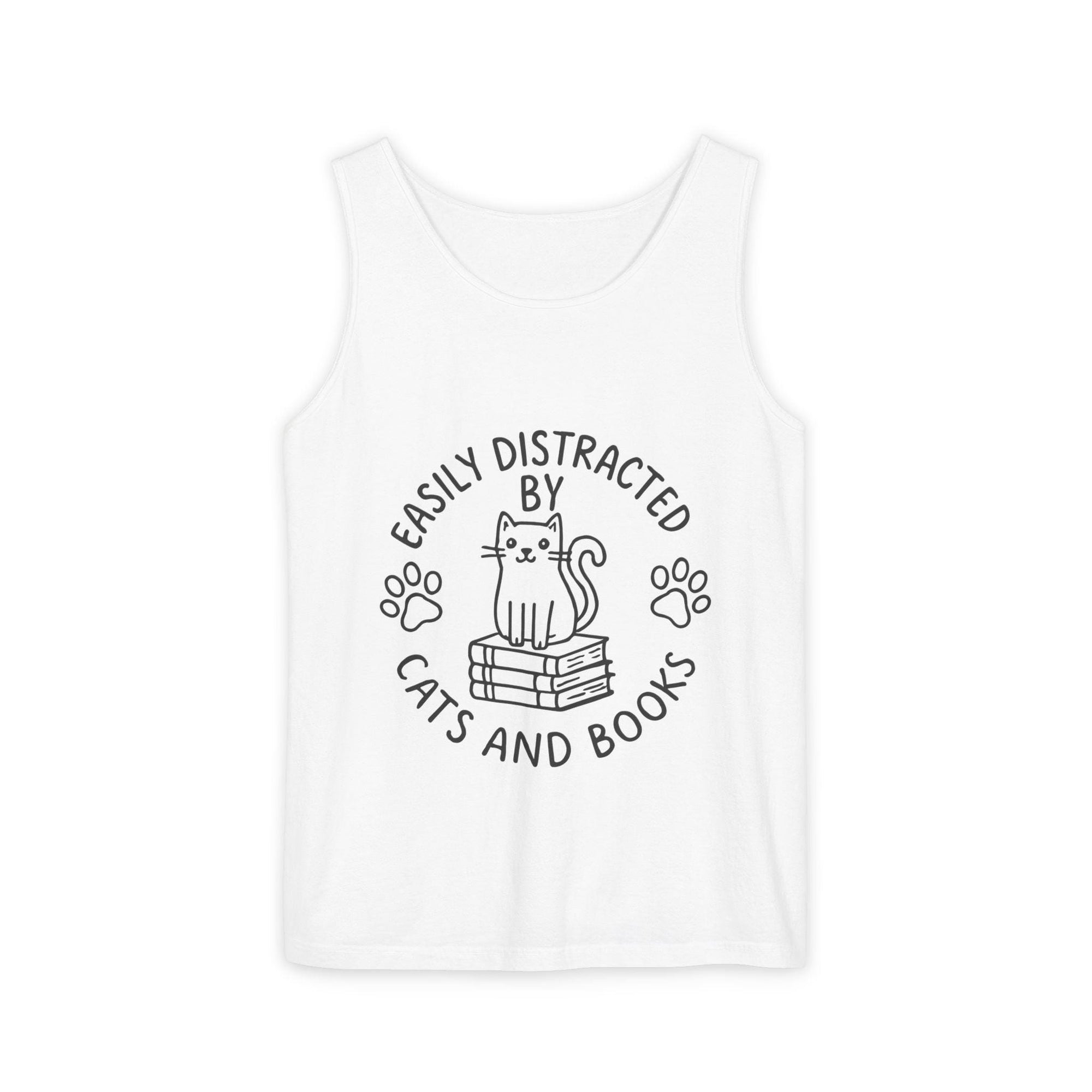 Easily Distracted by Cats and Books Tank Top, Cat Lover Gift, Bookish Apparel, Summer Outfit, Funny Graphic Tee