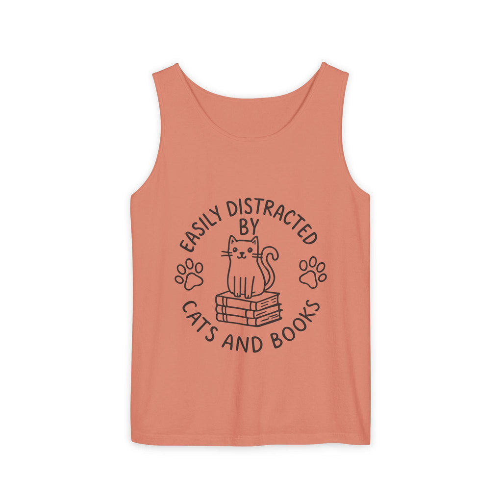 Easily Distracted by Cats and Books Tank Top, Cat Lover Gift, Bookish Apparel, Summer Outfit, Funny Graphic Tee