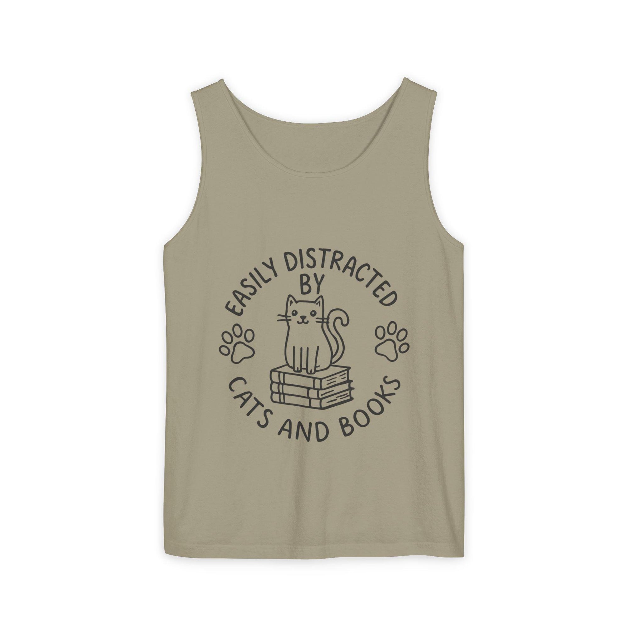 Easily Distracted by Cats and Books Tank Top, Cat Lover Gift, Bookish Apparel, Summer Outfit, Funny Graphic Tee
