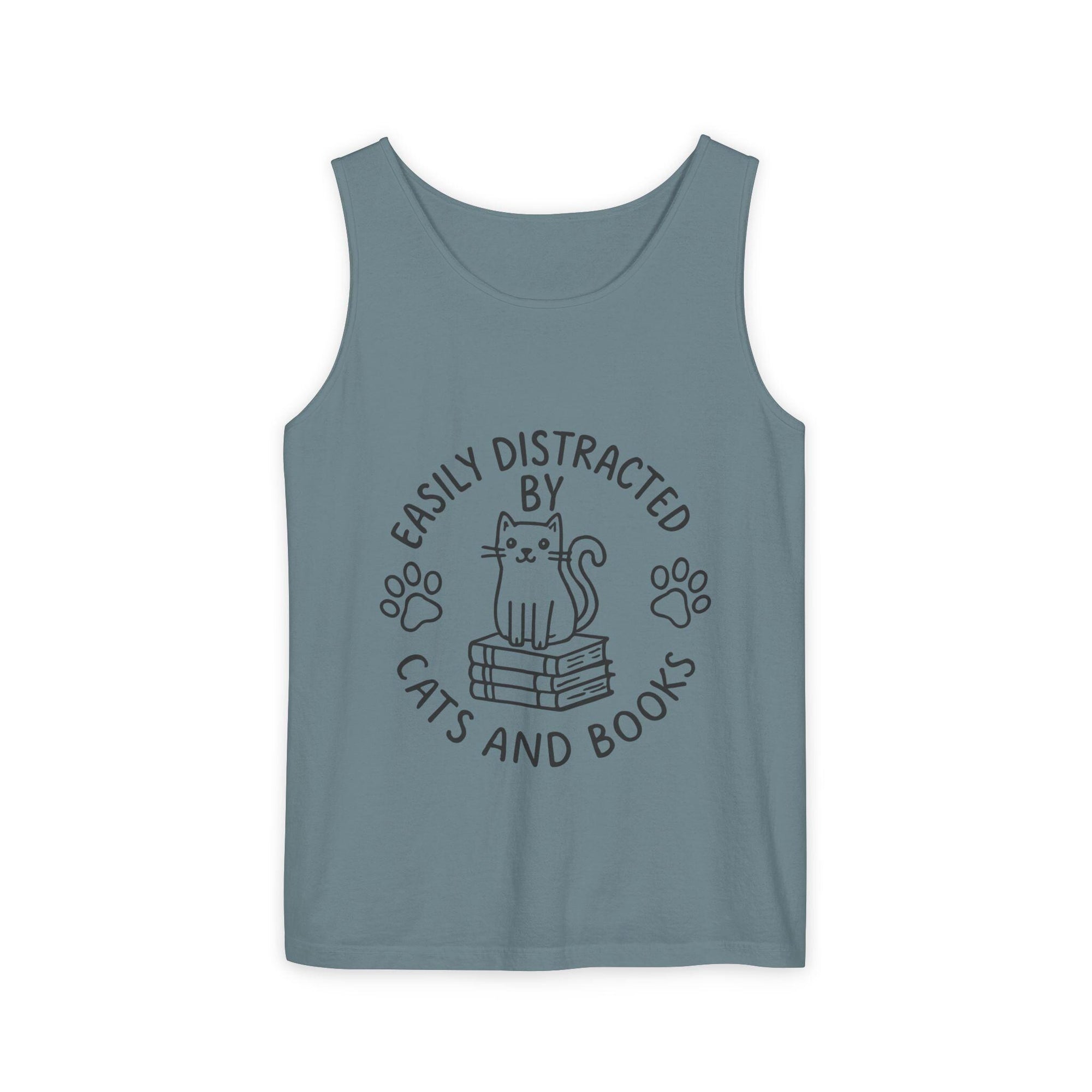 Easily Distracted by Cats and Books Tank Top, Cat Lover Gift, Bookish Apparel, Summer Outfit, Funny Graphic Tee