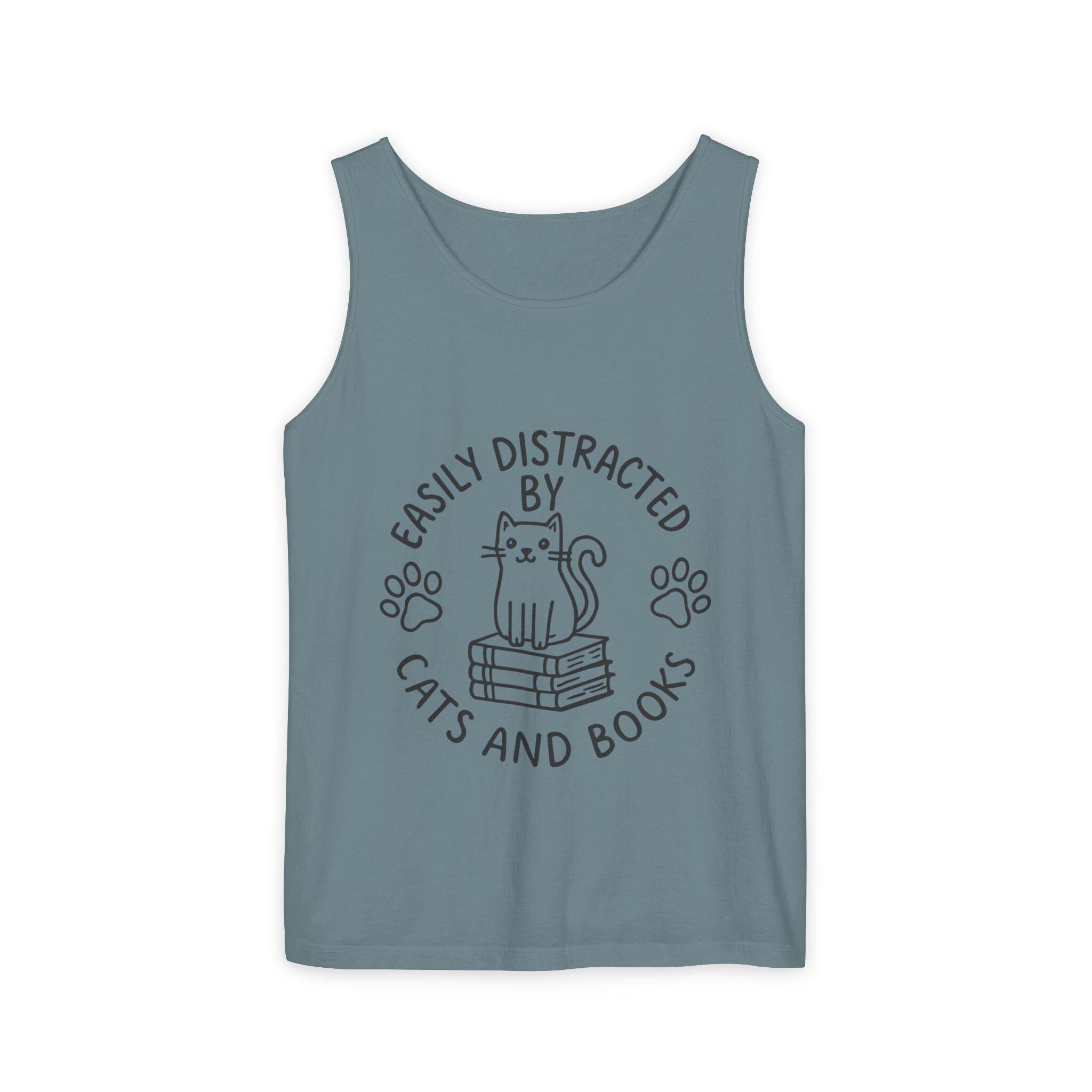 Easily Distracted by Cats and Books Tank Top, Cat Lover Gift, Bookish Apparel, Summer Outfit, Funny Graphic Tee