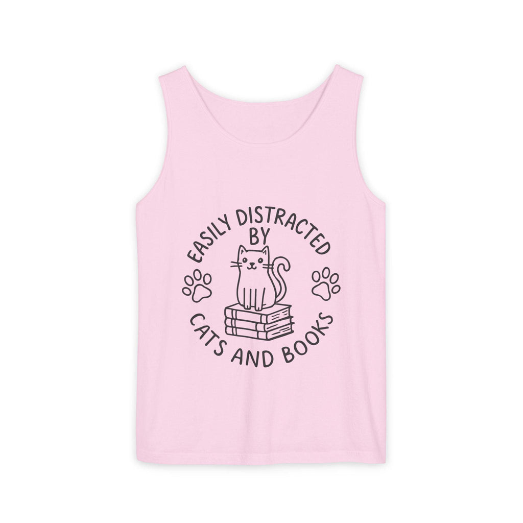 Easily Distracted by Cats and Books Tank Top, Cat Lover Gift, Bookish Apparel, Summer Outfit, Funny Graphic Tee