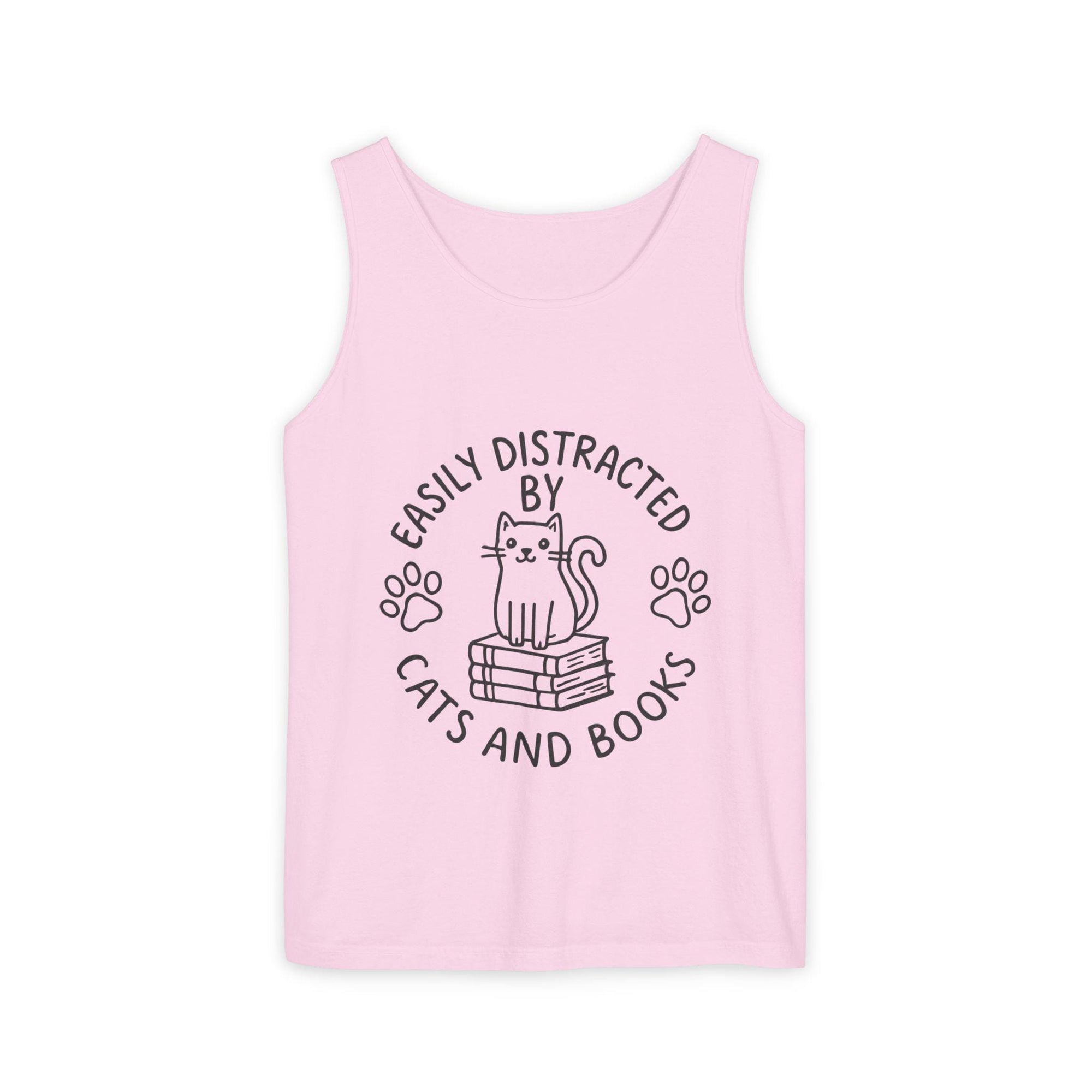 Easily Distracted by Cats and Books Tank Top, Cat Lover Gift, Bookish Apparel, Summer Outfit, Funny Graphic Tee