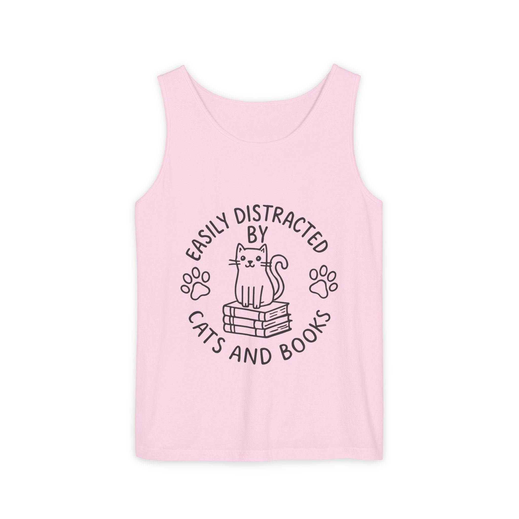 Easily Distracted by Cats and Books Tank Top, Cat Lover Gift, Bookish Apparel, Summer Outfit, Funny Graphic Tee