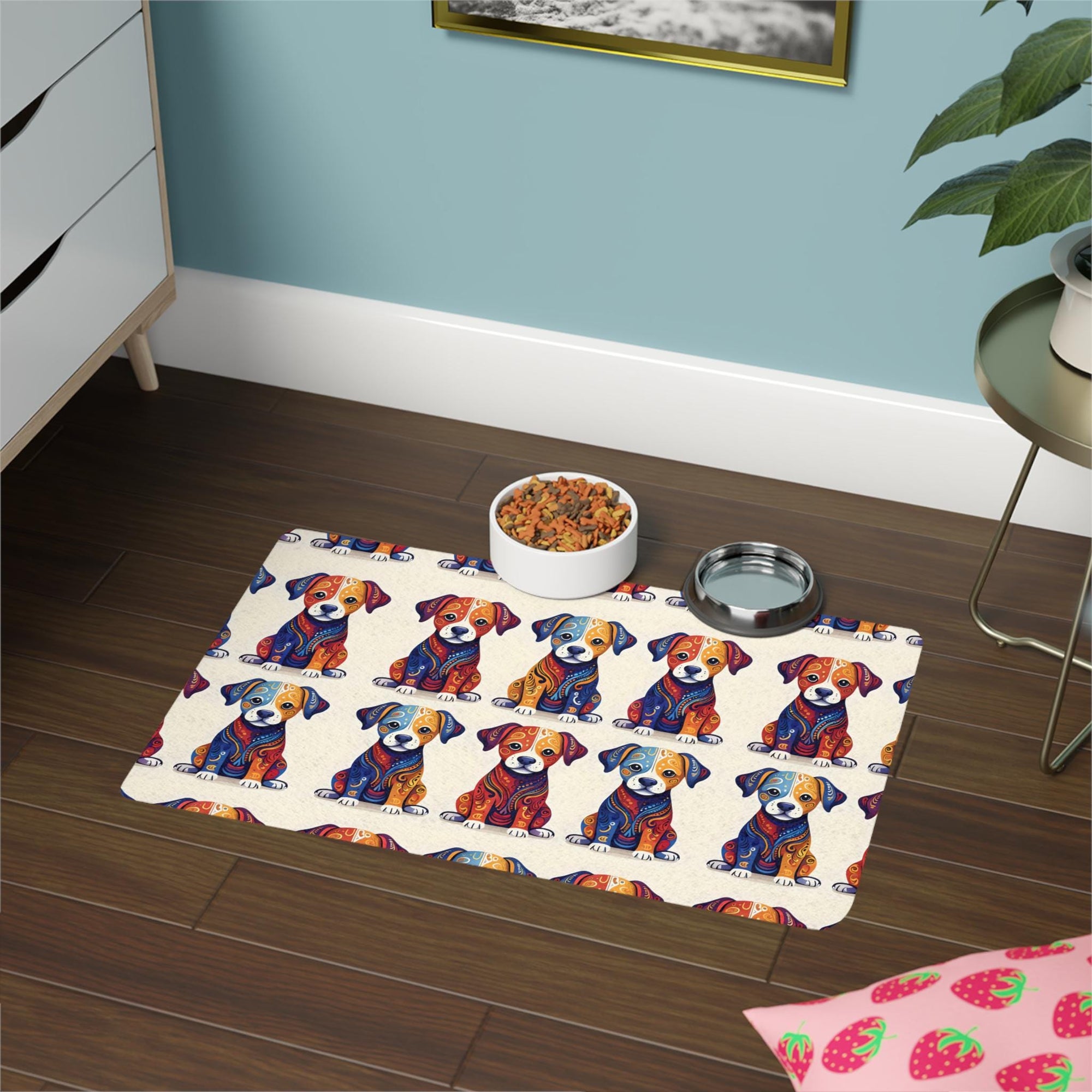 Colorful Dog Print Pet Food Mat, Pet Feeding Mat, Dog Feeding Station, Kitchen Decor, Pet Lover Gift, 12x18 Dog Mat