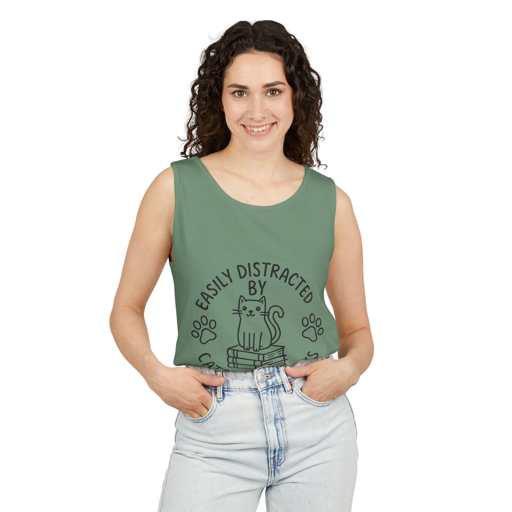 Easily Distracted by Cats and Books Tank Top, Cat Lover Gift, Bookish Apparel, Summer Outfit, Funny Graphic Tee
