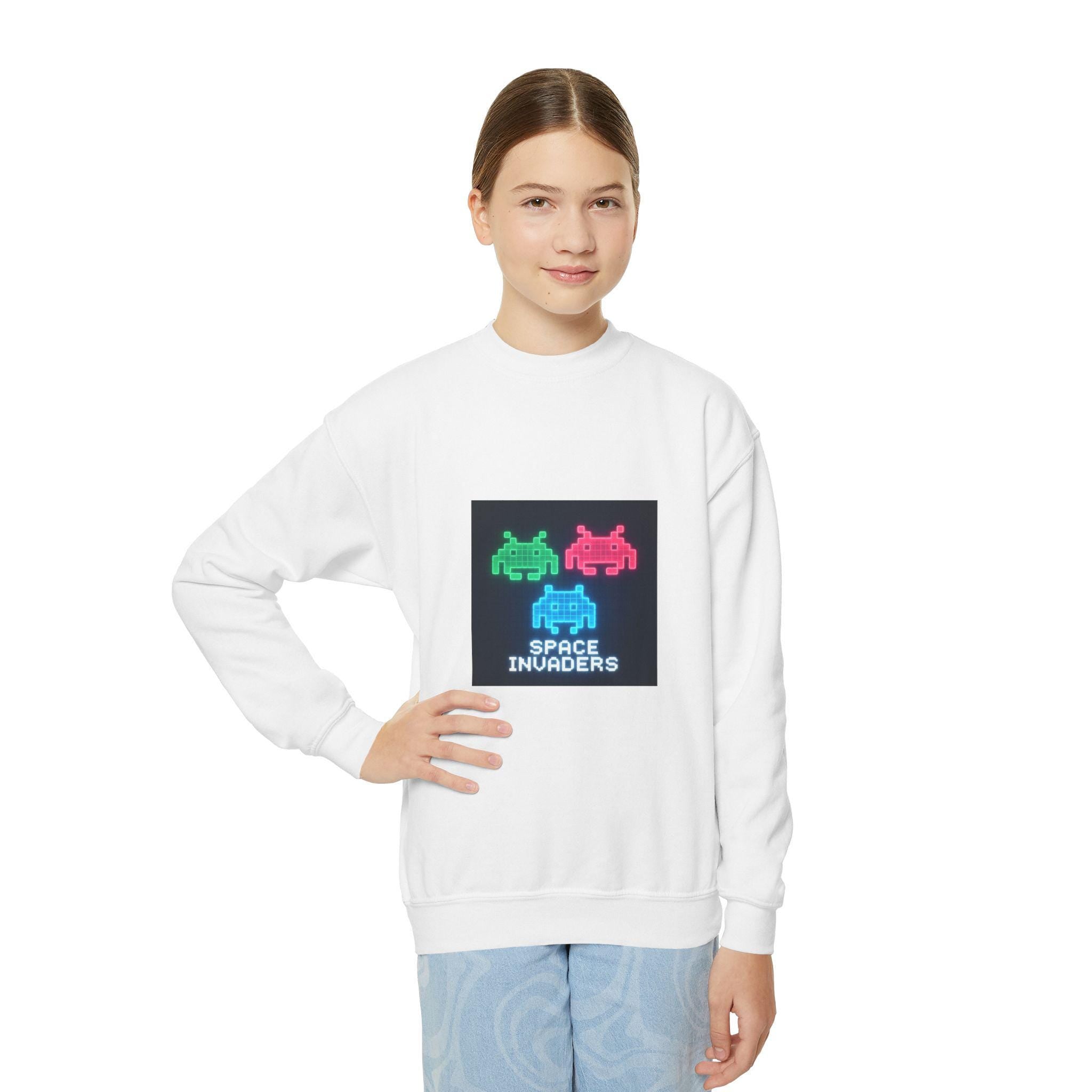 Vintage Space Invaders Youth Crewneck Sweatshirt, Retro Gamer Sweatshirt, Kids Gaming Apparel, Arcade Retro Gift, Cool Youth Clothing