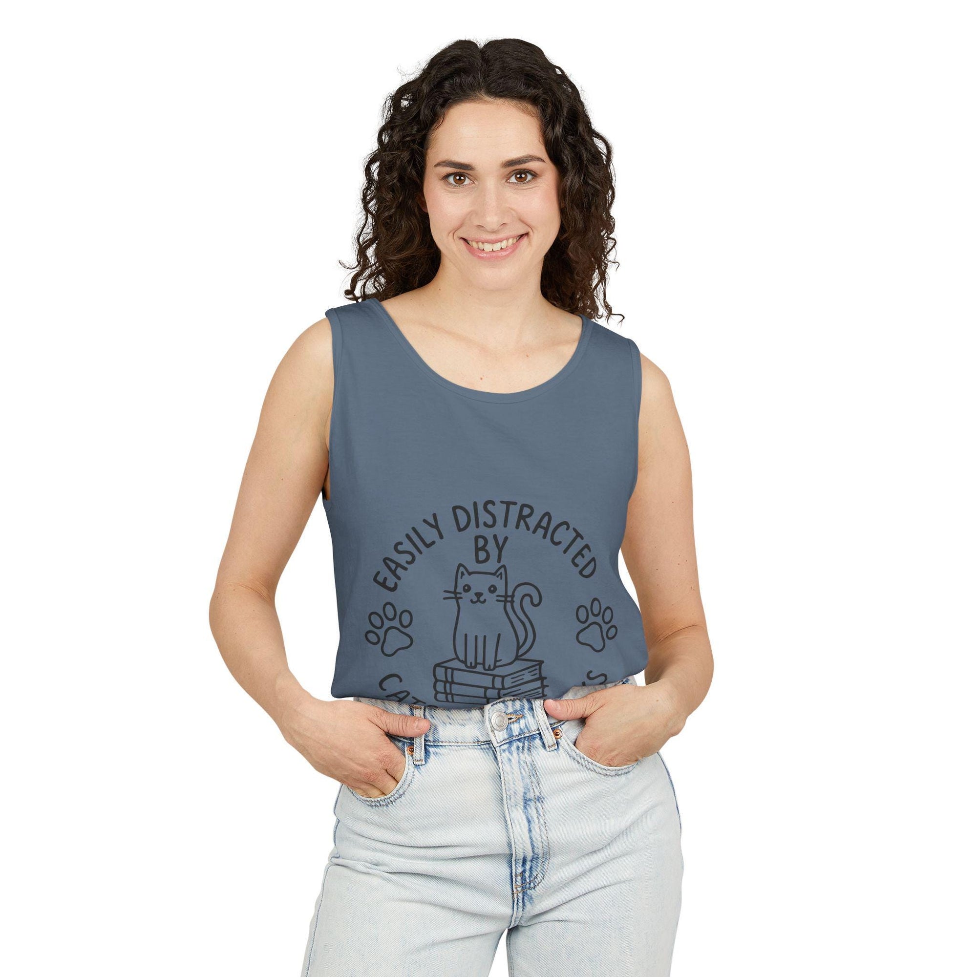 Easily Distracted by Cats and Books Tank Top, Cat Lover Gift, Bookish Apparel, Summer Outfit, Funny Graphic Tee