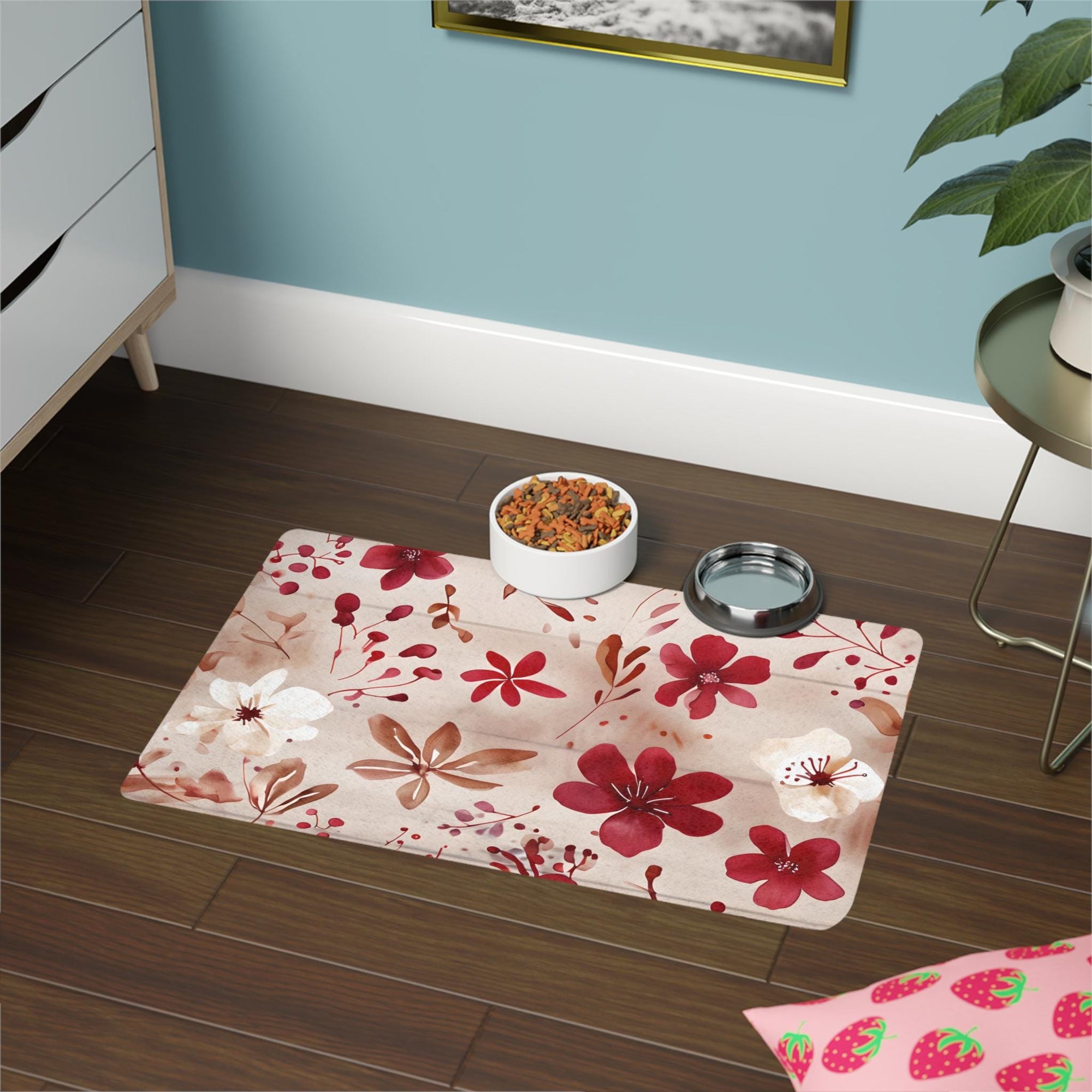 Floral Pet Food Mat - Stylish Dog Dish Mat, Non-Slip Puppy Feeding Mat, Cat Food Tray, Pet Decor, Floral Design