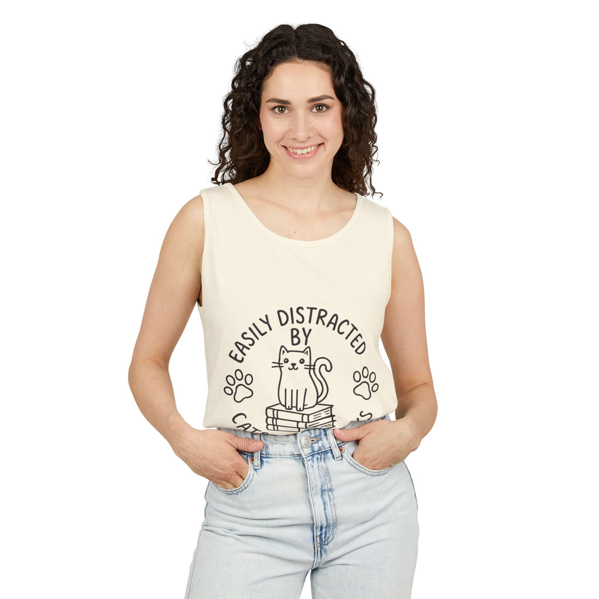 Easily Distracted by Cats and Books Tank Top, Cat Lover Gift, Bookish Apparel, Summer Outfit, Funny Graphic Tee